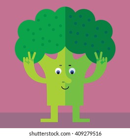 Broccoli gesturing victory. Flat style vector illustration. Funny cartoon character for agriculture or food design