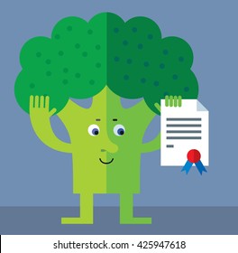 Broccoli with graduation diploma. Flat style vector illustration. Funny cartoon character for agriculture or food design