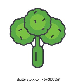 Broccoli, green salad, spinach, vegan food concept. Line vector icon. Editable stroke. Flat linear illustration isolated on white background