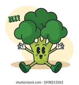 Broccoli groovy cartoon Vegetable cute kawaii Vector illustration