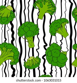 Broccoli hand drawn vector seamless pattern. Vegetable cartoon style illustration. Isolated Broccoli background. Detailed vegetarian organic food drawing. Farm market product. Vegan concept.