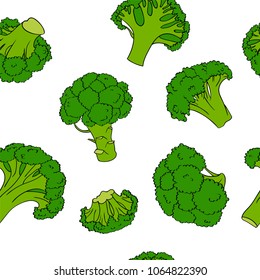 Broccoli hand drawn vector seamless pattern. Vegetable cartoon style illustration. Isolated Broccoli background. Detailed vegetarian organic food drawing. Farm market product. Vegan concept.