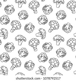 Broccoli hand drawn vector seamless pattern. Vegetable cartoon style illustration. Isolated Broccoli background. Detailed vegetarian organic food drawing. Farm market product. Vegan concept.