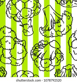 Broccoli hand drawn vector seamless pattern. Vegetable cartoon style illustration. Isolated Broccoli background. Detailed vegetarian organic food drawing. Farm market product. Vegan concept.