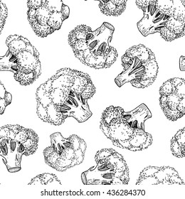 Broccoli hand drawn vector seamless pattern. Vegetable engraved style illustration. Isolated Broccoli background. Detailed vegetarian food drawing. Farm market product.