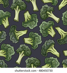 Broccoli hand drawn vector seamless pattern. Vegetable engraved style illustration. Isolated Broccoli background. Detailed vegetarian food drawing. Farm market product.