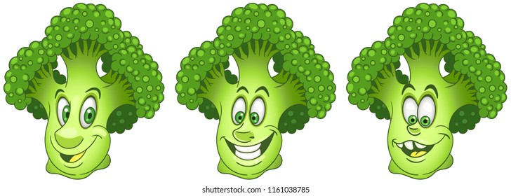 Broccoli. Healthy Food concept. Emoji Emoticon collection. Cartoon characters for kids coloring book, colouring pages, t-shirt print, icon, logo, label, patch, sticker.