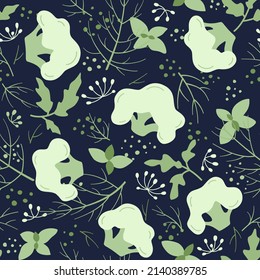 Broccoli and herbs flat vector seamless pattern. Illustration of organic fresh vegetables and spices. Background on the theme of cuisine, cooking, farm products, healthy food for printing and decor.