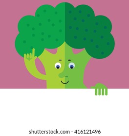 Broccoli holding a blank sheet and making attention gesture with forefinger. Flat style vector illustration. Funny cartoon character for agriculture or food design