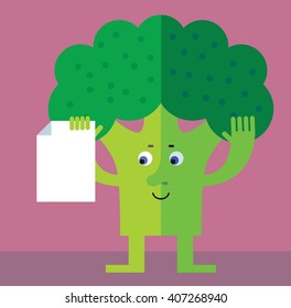 Broccoli holding blank sheet of paper. Flat style vector illustration. Funny cartoon character for agriculture or food design