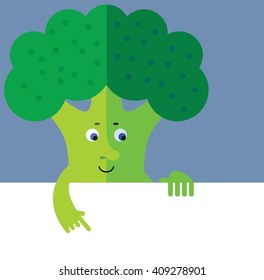 Broccoli holding a blank sheet pointing. Flat style vector illustration. Funny cartoon character for agriculture or food design