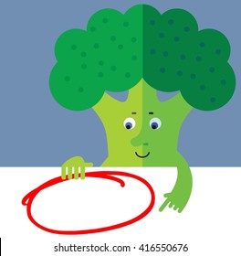 Broccoli holding a blank sheet and pointing on red empty frame. Flat style vector illustration. Funny cartoon character for agriculture or food design