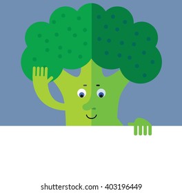 Broccoli holding a blank sheet and waving hand greeting. Flat style vector illustration. Funny cartoon character for agriculture or food design