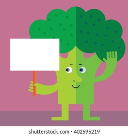 Broccoli holding a blank sign. Flat style vector illustration. Funny cartoon character for agriculture or food design