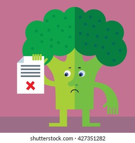 Broccoli holding checklist with X sign. Flat style vector illustration. Funny cartoon character for agriculture or food design