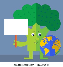 Broccoli holding a globe and blank sign. Flat style vector illustration. Funny cartoon character for agriculture or food design