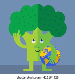 Broccoli holding a globe and making attention gesture with forefinger . Flat style vector illustration. Funny cartoon character for agriculture or food design