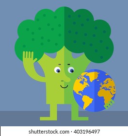 Broccoli holding a globe and waving hand. Flat style vector illustration. Funny cartoon character for agriculture or food design