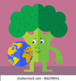 Broccoli holding a globe and waving hand. Flat style vector illustration. Funny cartoon character for agriculture or food design