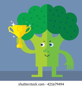 Broccoli holding winning trophy. Flat style vector illustration. Funny cartoon character for agriculture or food design