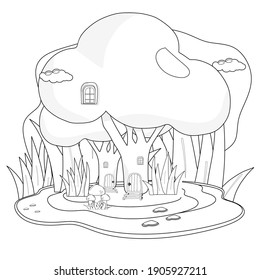 Broccoli house in the middle of the forest. Black and white vector illustration for a coloring book