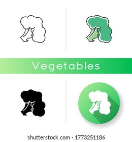 Broccoli-Symbol. Frisches Gemüse. Ganzes Vitamin-Veggie. Ernteerzeugnis aus Lebensmittelgeschäften. Rohes Gemüse. Veganischer Salatzutat. Lineare Schwarz- und RGB-Farbstile. Einzelne Vektorgrafiken