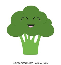 Broccoli icon. Green color. Vegetable collection. Fresh farm healthy food. Smiling face. Cute cartoon character. Education card for kids. Flat design. White background. Isolated. Vector illustration