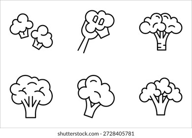 Brokkoli-Symbolsatz. Natur pflanzliche Bio-Lebensmittel-Ernährung. Frische gesunde Gartenernte. Vektorgrafik auf weißem Hintergrund