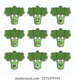 Broccoli icon set vector emoticon. Cute broccoli emoji with face. Broccoli Illustration of cute emojis with various expressions. Broccoli, flat cartoon style.