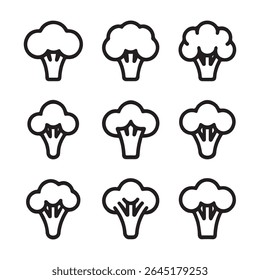 Conjunto de ícones de brócolis para legumes. Nove ilustrações em contorno de cabeças de brócolis
