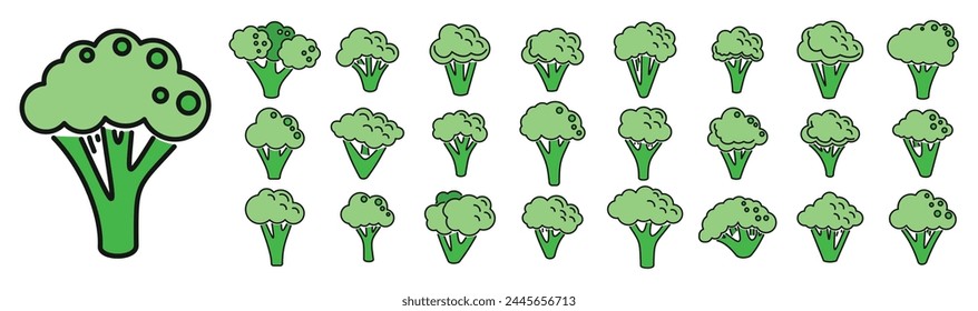 Broccoli icons set outline vector. Vegan food. Salad health thin line color flat on white