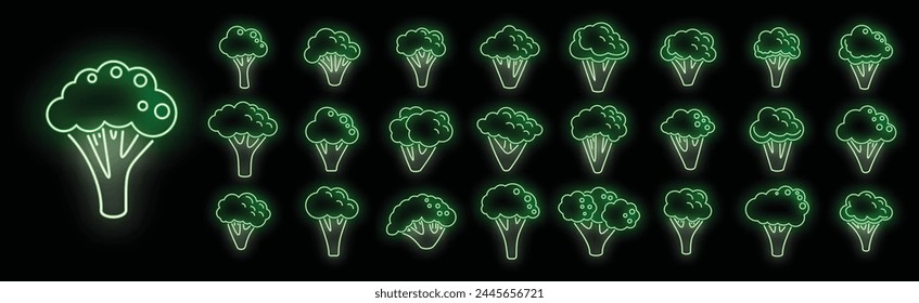 Broccoli icons set outline vector. Vegan food. Salad health neon color on black