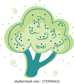 Broccoli illustration in hand drawn doodle style isolated on  white background in green colors with brush texture. Vector. Vegan theme. Healthy lifestyle. Natural food