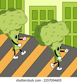 Сartoon broccoli inflorescence with face walks along a pedestrian crossing against the backdrop of an urban landscape. Creative illustration of healthy eating. Website banner for eco shop or farm