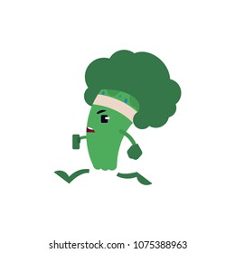 Broccoli jogging with bandage on his head - green useful vitamin vegetable doing sport exercises and running for healthy lifestyle and eating concept. Isolated flat cartoon vector illustration.