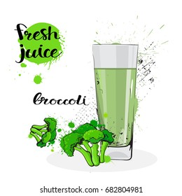 Broccoli Juice Fresh Hand Drawn Watercolor Vegetable And Glass On White Background Vector Illustration