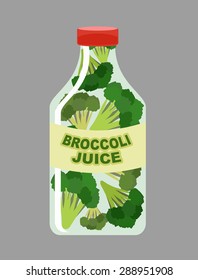 Broccoli juice. Juice from fresh vegetables. Broccoli in a transparent bottle. Vitamin drink for healthy eating. Vector illustration.