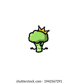 Broccoli King Cartoon Character Design Vector Illustration Mascot. Cute, Happy, And Fun Style. Recommended For Vegetable Shop Logo.