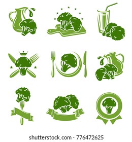 Broccoli labels and elements set. Vector
