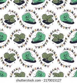 Broccoli and Leaves. Seamless pattern on a white background. Cute vector illustration.