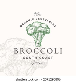 Broccoli Logo Template. Hand Drawn Vegetable Sketch with Retro Typography. Premium Plant Based Vegan Food Badge Emblem. Isolated