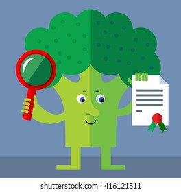 Broccoli with magnifier glass and graduation diploma. Flat style vector illustration. Funny cartoon character for agriculture or food design