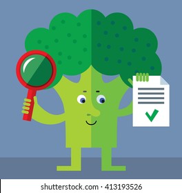Broccoli with magnifier glass and OK checklist. Successful searching. Flat style vector illustration. Funny cartoon character for agriculture or food design