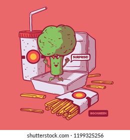 Broccoli making a surprise in a fast food menu vector illustration. Fat, fast food, vegetable, healthy, diet, food design concept