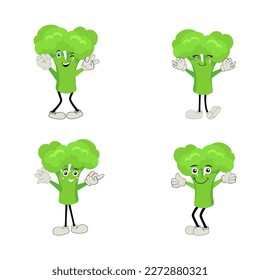 Broccoli mascot cartoon in vector. Cute happy smiling broccoli vegetable set collection. Vector flat cartoon character illustration icon design. content, happy, green smile, cheerful Face Emotion.