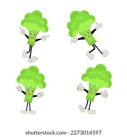 Broccoli mascot cartoon in vector. Cute happy smiling broccoli vegetable set collection. Vector flat cartoon character illustration icon design. content, happy, green smile, cheerful Face Emotion.