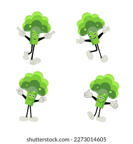 Broccoli mascot cartoon in vector. Cute happy smiling broccoli vegetable set collection. Vector flat cartoon character illustration icon design. content, happy, green smile, cheerful Face Emotion.