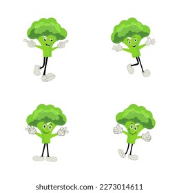Broccoli mascot cartoon in vector. Cute happy smiling broccoli vegetable set collection. Vector flat cartoon character illustration icon design. content, happy, green smile, cheerful Face Emotion.