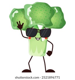 Broccoli mascot in sunglass, cartoon character veggie with peace and smile, isolated vector illustration healthy food. Kawaii style