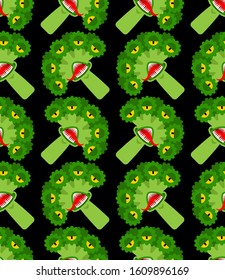 Broccoli monster GMO mutant pattern seamless. Angry Vegetable with teeth background. Hungry Alien Food. vector texture